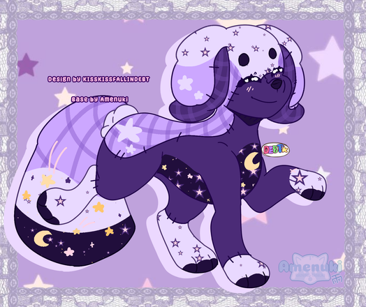 A canine plush creature that is purple with a pillowcase tail. It's back is plaid, but the second layer is a rich purple. The legs and toes are a light purple. The tail has stripes the same colors. There are pink and yellow stars scattered like sprinkles across the design.