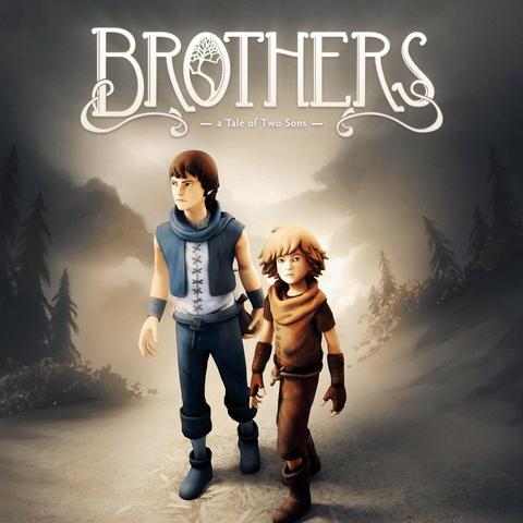 Portada del juego Brothers donde se ve a un adolescente vestido de azul al estilo edad media y a un niño vestido de rojo también de época el fondo es un bosque oscuro