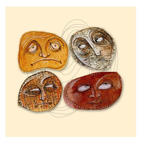 Free-form, hand drawn, linear faces of an exaggerated  expressions. The faces is drawn in pencil onto pieces of aged paper and maps, with white highlights. NOTE: This description is created especially for my lovely blind friend, Georgiana. :-)