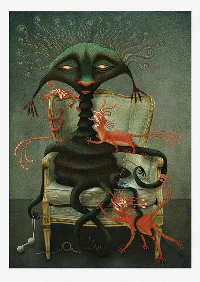 A rather stern creature, deep green in color and patterned in intricate and interlocking swirls, relaxes upon an ornate upholstered chair. She gazes languidly into the distance, while her three six-legged felines of vivid orange mewl for attention. One clawed tentacle dangles a toy playfully for her pets. NOTE: This description is created especially for my lovely blind friend, Georgiana. :-)