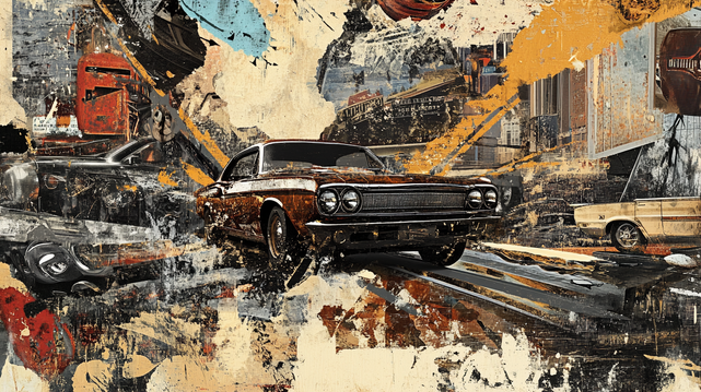 Rouille & Révolte.
Collage dadaïste de voitures rétro mêlées à des éléments mécaniques et urbains dans une explosion de textures et de couleurs usées.
Dadaist collage of vintage cars blended with mechanical and urban fragments in a burst of worn textures and color.