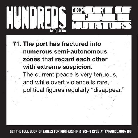 71. The port has fractured into numerous semi-autonomous zones that regard each other with extreme suspicion. The current peace is very tenuous, and while overt violence is rare, political figures regularly "disappear."