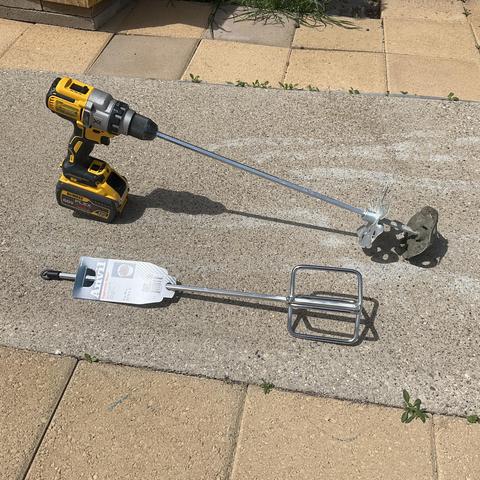A cordless drill with a “mud mixer” and an “eggbeater”.
