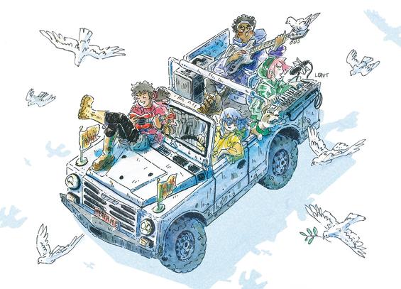 watercolor drawing of a white Fiat campagnola customised as a popemobile, driven by the 4 young tokidoki vatican mascotts: Luce, Fe, Xin et Sky, 4 girls with yellow, red, green and blue rain ponchos. They are playing instruments and singing, Luce is at the wheel and immaculate white doves are flying around them