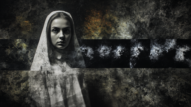 Le Silence de Soroka.
Portrait mystique d'une femme voilée, émergeant d'un brouillard sombre aux éclats abstraits.
Mystical portrait of a veiled woman emerging from a dark mist with abstract bursts.