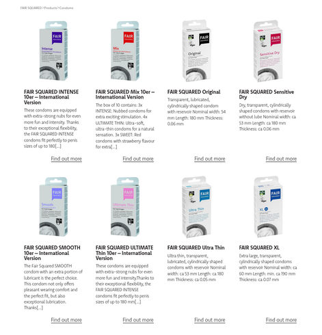 Screenshot of FAIR SQUARED's condoms category. The screenshot list each following product:

- FAIR SQUARED INTENSE 10er – International Version
- FAIR SQUARED Mix 10er – International Version
- FAIR SQUARED Original
- FAIR SQUARED Sensitive Dry
- FAIR SQUARED SMOOTH 10er – International Version
- FAIR SQUARED ULTIMATE Thin 10er – International Version
- FAIR SQUARED Ultra Thin
- FAIR SQUARED XL