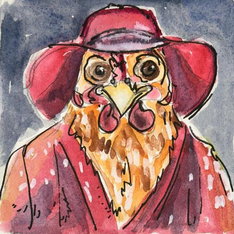Orange hen in a red hat and red cardigan.