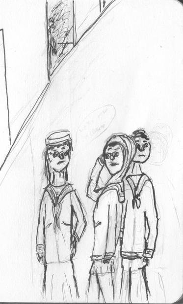 A sketch of three kids looking around nervously. They wear sailor outfits. One of the kids also wears a headscarf.

In the background, a masked figure lurks ominously in an alley.