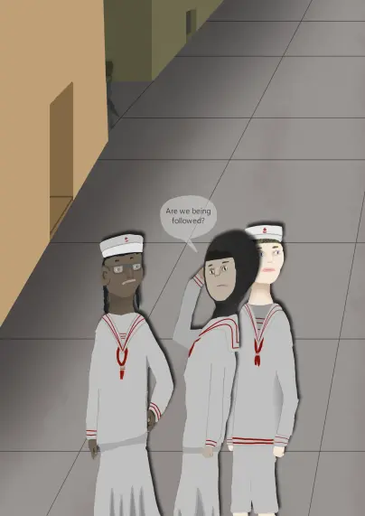 Two girls and a boy in matching grey-and-red sailor outfits, looking around nervously. One of the girls, wearing a black headscarf, asks if they're being followed.

In the background, a masked figure lurks in an alley, barely visible.