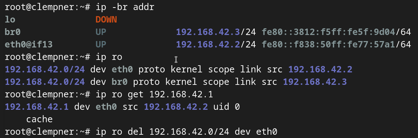 Screenshot von iproute2 Befehlen die das beschriebene Problem im Beispiel nachstellt. Der Terminal Text lautet:

root@clempner:~# ip -br addr
lo               DOWN           
br0              UP             192.168.42.3/24 fe80::3812:f5ff:fe5f:9d04/64 
eth0@if13        UP             192.168.42.2/24 fe80::f838:50ff:fe77:57a1/64 
root@clempner:~# ip ro
192.168.42.0/24 dev eth0 proto kernel scope link src 192.168.42.2 
192.168.42.0/24 dev br0 proto kernel scope link src 192.168.42.3 
root@clempner:~# ip ro get 192.168.42.1
192.168.42.1 dev eth0 src 192.168.42.2 uid 0 
    cache 
root@clempner:~# ip ro del 192.168.42.0/24 dev eth0