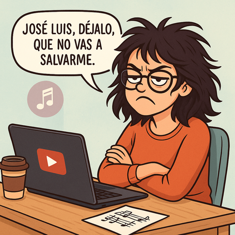 Una ilustración de caricatura muestra a una mujer con el pelo negro y despeinado, gafas y una camiseta naranja sentada frente a un portátil. Tiene los brazos cruzados y una expresión seria. Un bocadillo de diálogo sobre su cabeza dice: "José Luis, déjalo, que no vas a salvarme". En la mesa hay una taza de café y una partitura musical. En la pantalla del portátil se ve un icono de reproducción de vídeo. Hay un pequeño icono de una nota musical en la esquina superior izquierda.