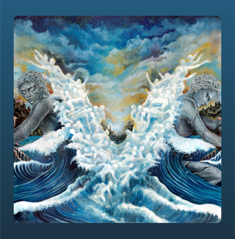 The album cover of The Darkest Place I've Ever Been by Landmvrks features a surreal, emotional painting. Two stone-like figures, one male and one female, sit back-to-back on opposite sides of the image, their expressions solemn and introspective. From their backs, massive waves burst upward, transforming into a multitude of ghostly, human-like shapes rising toward the sky. The sea is depicted with deep, swirling blues and frothy white crests, adding to the dynamic, turbulent feeling of the scene. Above, a dramatic, colorful sky stretches across the horizon, mixing blues, yellows, and dark clouds, suggesting a storm or emotional upheaval. The overall atmosphere is powerful, melancholic, and full of raw emotion, perfectly capturing the themes of struggle, loss, and transformation.