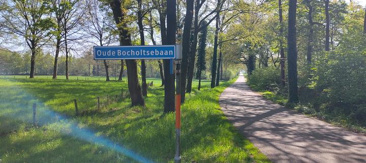 Richtungsweiser am Wegesrand im Wald mir der Aufschrift Oude Bocholtsebaan
