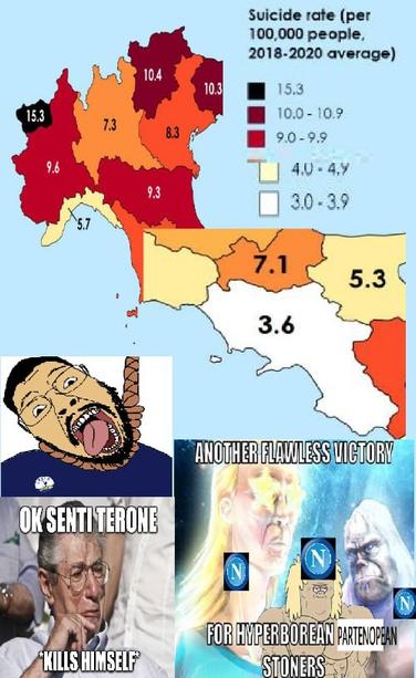 Meme che evidenzia il tasso basso in Campania, mostra un wojack di un sostenitore di Lega Nord che si impicca ("ok senti terone — *kills himself*") e degli scommioni napoletani fieri che si vantano ("another flawless victory for hyperborean partenopean stoners")