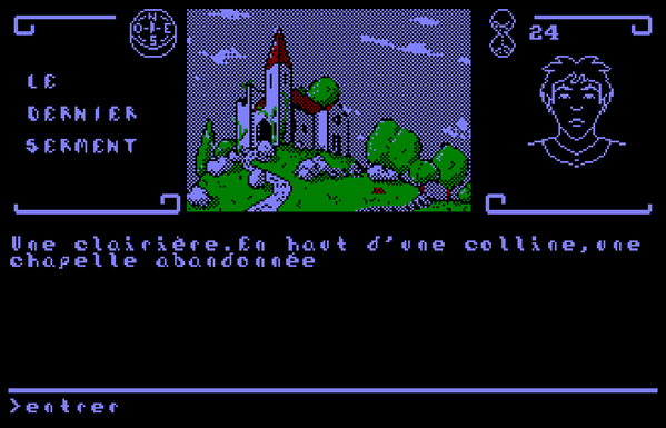Capture d'écran du jeu représentant une église en haut d'une colline en pixel art