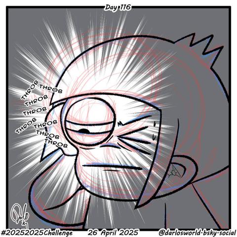Drawing of Darlo with a throbbing headache. His right eye is swollen.