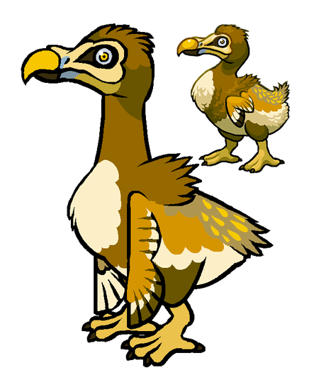 Screenshot from a white canvas of a cartoony dodo bird with thick outlines. The dodo is colored with various orange and yellow hues, with some blue accents on the tip of the beak. The art style is unshaded and the bird's 2D model rig is not posed yet. It has a more natural reference for the pose in the upper right corner. This dodo's color scheme and design are a (greatly) simplified and brightened take on Michael Hanson's reconstruction seen here: https://www.pasttime.org/podcast/news-bite-dodos-and-the-evolution-of-bird-brains/