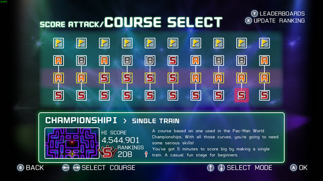 A screen cap of Pac Man Championship Edition 2's course select. The single train ranks are all S ranked, the multi train ranks are a mix of A and S, and the ert courses are a mix of A and B with a single S on Mountain. The text box at the bottom shows Championship I Single Train with a score of 4,544,901.