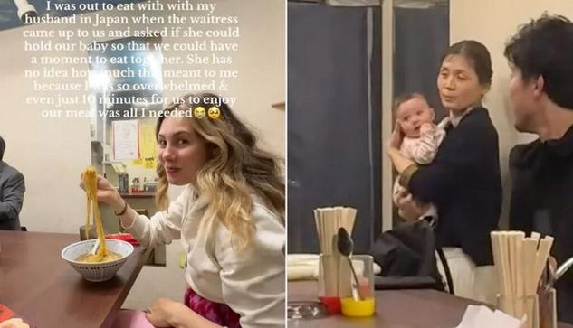 Japanese Woman Offers to Hold New Mother's Baby so Exhausted Travelers Can Finish Their Meal – (WATCH)