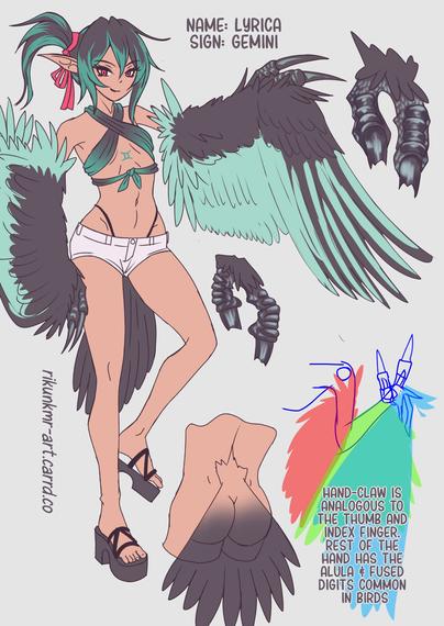 Illustration of a tanned, flat chested, skinny Half-harpy girl with elf-ears and arm-wings with two claws wearing a scarf crossed around her torso as a bra-top paired with high waist bikini under short shorts. She is raven haired with mint green hair highlights and has black feathers with a pattern reminiscent of a magpie but pale mint instead of white.

Several breakaway drawings included, showing the top view and side view of her claw digits—with the claws cut-off to fit in the canvas— in isolation, which resemble raptor claws and are analogous to a human index finger & thumb.

There's also a color coded diagram of her arm wing in a folded position showing primary, secondary & tertiary feather groups that are distributed similarly to an actual bird, save for the claws beside the alula.

Last illustration is a shot of her back showing the tail, which resembles a magpie's located right on the human tailbone area, preening gland is located under it, but it is not shown.