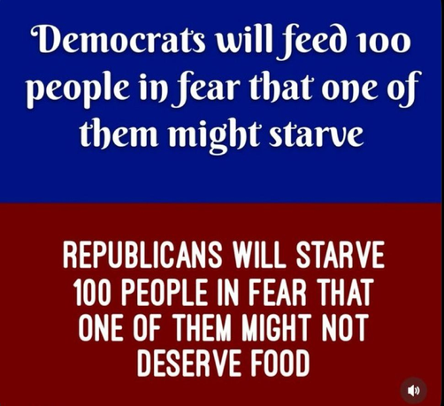 2 blocks
Top box is blue and contains: "Democrats will feed 100 people in fear that one of them might starve".
Bottom box is blue and contains: "Republicans will starve 100 people in fear that one of them might not deserve food".
