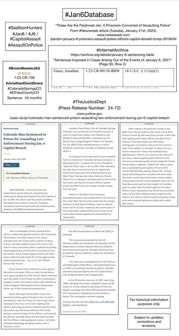 Screenshots of court information pertaining to convicted January 6th rioter Jonathan David Grace (Colorado Springs, Colorado).