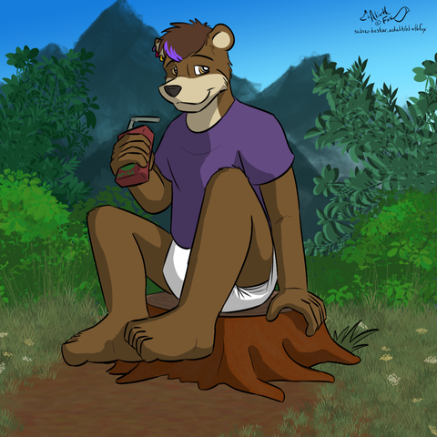 Sascha the little bearkitty, an anthro bear-lynx-hybrid, is sitting on a tree stump in a nature environment.
He is smiling at the viewer, holding a juice box with a straw in his hand, seemingly enjoying it.
Sascha is dressed in a purple t-shirt and a white diaper.