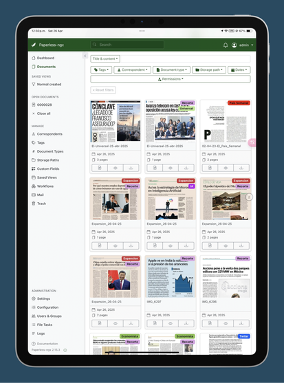 Captura de pantalla de iPad mostrando la plataforma de Paperless-ngx