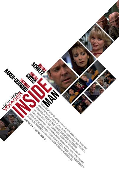 A poster for the Star Trek Voyager episode Inside Man, featuring images of the faces of Reginald Barclay, Deanna Troi, and an attractive woman arranged diagonally, alongside a couple of other images of Reginald interacting with the EMH and the Voyager crew.