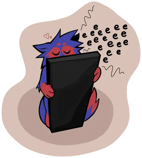 a drawing of a blue anthropomorphic cat with red markings hugging a black slab monolith. her eyes are closed with hearts above her head. the monolith is emitting an "eeeeeeee" sound.