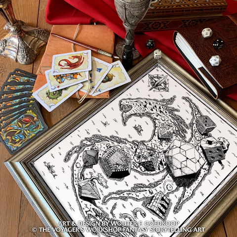 A framed black and white illustration of a TTRPG themed fantasy map featuring a dragon shaped continent with giant polyhedral shaped structures of many kinds.