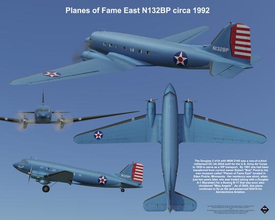 The subject of this digital composition is the Douglas DC-3 transport aircraft as it appeared in 1989 while flown by Robert Pond, identified as N132BB.  Artwork and texts Copyright (c) 2017-2025 Robert W. Heyen d/b/a dcthreepainter.  All rights reserved.  Depicted trademarks are the property of their respective owners.