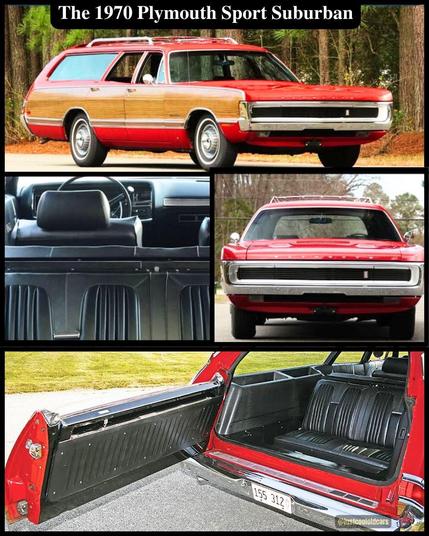 Image features a 1970 Plymouth Sport Suburban, showcasing various angles of the vehicle. The main photo displays the car's exterior with a classic red and wood panel design. Additional images highlight the interior dashboard, rear seating area, and cargo space,