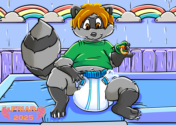 Illustration of Tylahn the diapered raccoon sitting on the changing table smiling and holding a pacifier in one of his paws.