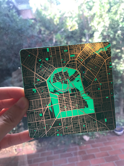 The Adelaide map held up near a window. The areas that had been dark green are now lighter because of the sunlight passing through.
