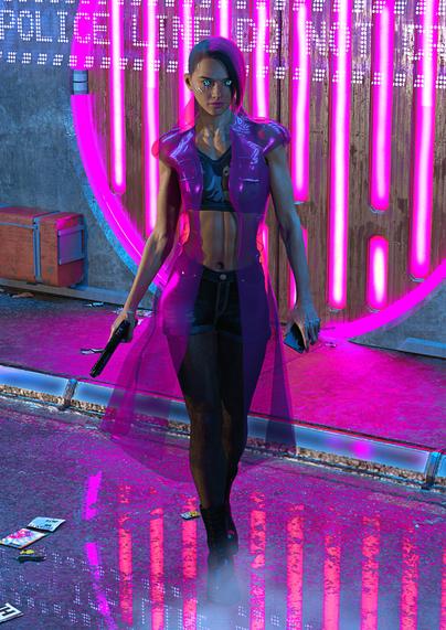 A white woman with an undercut walks towards the camera. She has a transparent plastic overcoat that is lit from behind, and extensive cybernetic modifications, including implant channels criss-crossing her skin and cybernetic eyes. her arms have metal articulating joints, despite looking quite naturalistic. 

She has a gun in one hand and a phone in the other. Behind her a holographic sign reads, "police line do not cross".