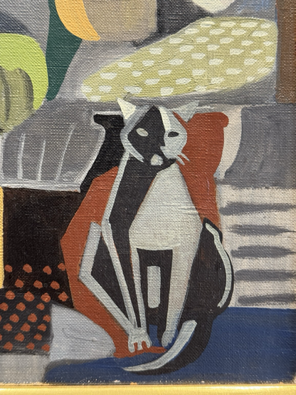 photo: closeup of the cat in the painting, black / grey / white in seated face forward pose