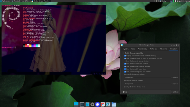 Screenshot of a laptop running Debian 12 Bookworm, showing two applications: the Xfce4 terminal with a custom font, color scheme, and background, and the Xfce Settings Editor open to Display compositing settings under Window Manager Tweaks > Compositor > Enable display compositing.