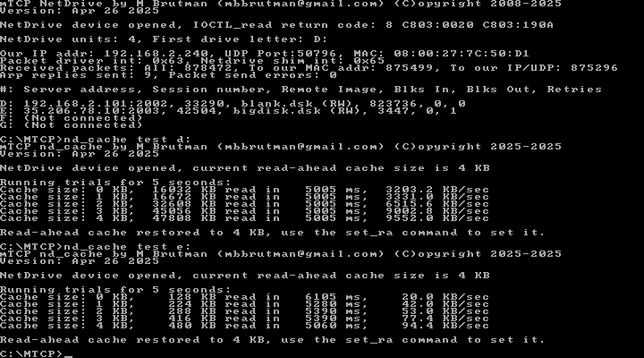 mTCP Netdrive read-ahead caching benchmark results.  A local server sees a 3x speedup using a 4KB cache, while a remote server sees nearly a 5x speedup.