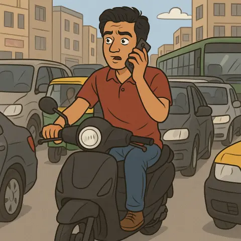 A person driving an electric scooter in a busy Bengaluru street (street with bumper to bumper traffic) with only his right hand on the right handle of the electric scooter. The left hand is holding a mobile phone against his ear while driving. The driver is not wearing any helmet and looking busy talking on the phone.