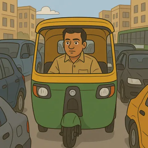 A person driving a auto-rickshaw in a busy Bengaluru street with bumper to bumper traffic.