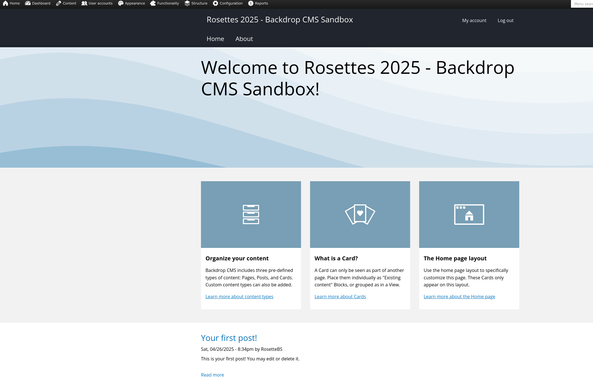Screencapture from my home server, showing a fresh instance of Backdrop CMS. The home page that is shown here is very simple, with some blocks of content with information to guide you


Header: Organize your content

Backdrop CMS includes three pre-defined types of content: Pages, Posts, and Cards. Custom content types can also be added.

Learn more about content types (this is a link)


Header: What is a Card?

A Card can only be seen as part of another page. Place them individually as "Existing content" Blocks, or grouped as in a View.

Learn more about Cards (this is a link)

Header: The Home page layout

Use the home page layout to specifically customize this page. These Cards only appear on this layout.

Learn more about the Home page (this is a link)