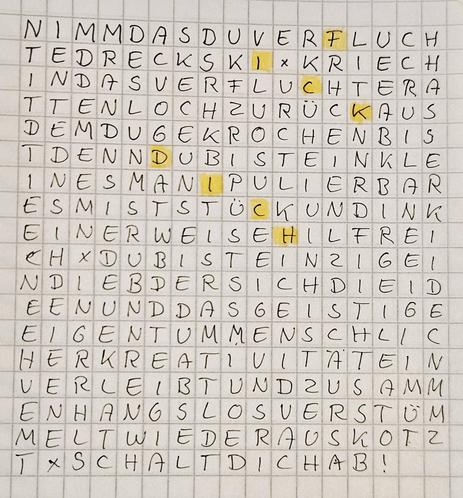 Text in Karokästchen. Großgeschrieben ohne Leer- und Satzzeichen. 
NIMMDASDUVERFLUCH
TEDRECКSКIXKRIECH
INDAS VERFLUCHTERA
ТTENLOCHZURÜCKAUS
DEMDUGEKROCHENBIS
TDENNDUBISTEINKLE
INESMANIPULIERBAR
ESMISTSTÜCKUNDINK
EINERWEISEEINEHILFE
DUBISTEINDIEBDERSICH
MENSCHLICHEKREATIVITÄT
EINVERLEIBTUNDZUSAMM
ENHANGSLOSVERSTÜMMELT WIEDERAUSKOTZTXSCHALT
DICHАВ!