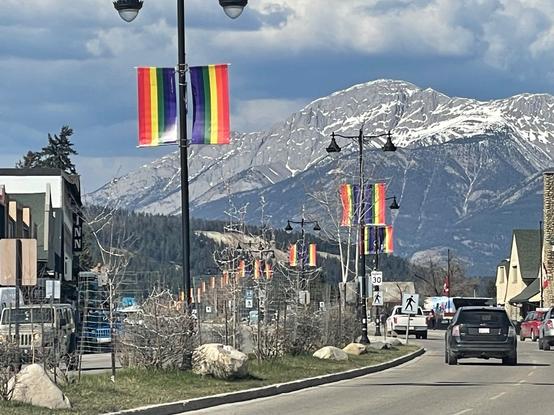 Dozens of pride flags on posts alomg the meridian of Jasper main street.  Big mountain in background with a bit of snow at the top.