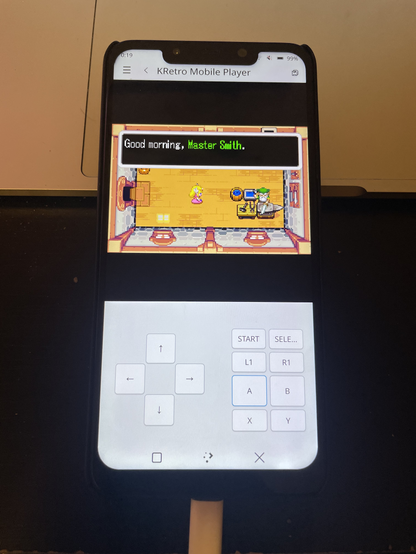 Legend of Zelda Minish Cap for the GBA on the mobile player UI. Qt buttons on the bottom representing controller buttons. Zelda says "Good morning, Master Smith".