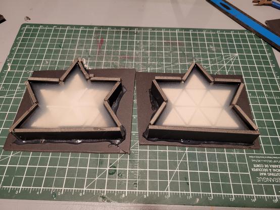 The 3D printed maple leaf sculptures with translucent silicone poured over top.