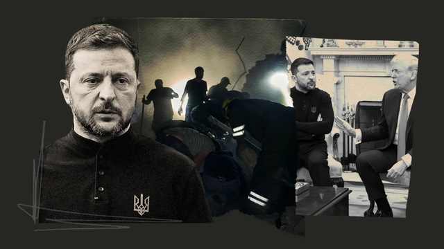 Composite. From left to right, Zelensky, the scene of a bombing in Ukraine, Zelensky and Trump