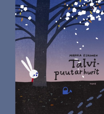 Talvipuutarhurit-kirjan piirroskannessa on puun takaa kurkistava valkoinen pupu, sininen kastelukannu ja jalanjälkiä.