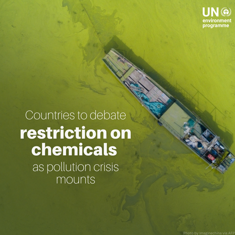 A container ship floating through water with a green sheen from pollution