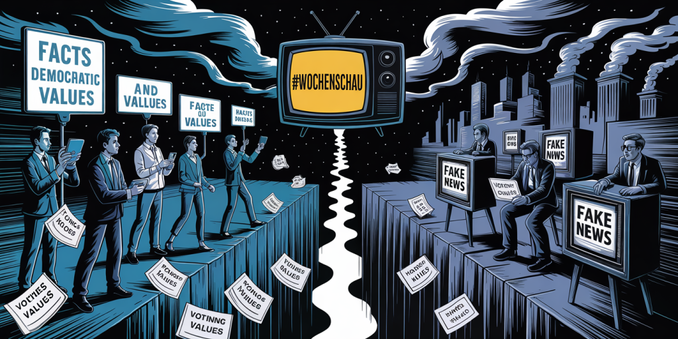 A dramatic, high-contrast photograph in the style of German expressionism depicts a stark societal divide cleaving a city in two. On the left, a group of young adults are bathed in the vibrant glow of their digital devices, actively sharing "facts and democratic values" while scattered voting ballots drift gently across the chasm. On the right, figures are shrouded in shadow, fixated on distorted monochrome screens displaying "fake news", symbolizing the dangers of echo chambers. Above, a vintage television screen displays “#Wochenschau” in bold, retro typography against a backdrop of swirling grey smoke and looming, stylized architecture.